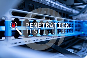 Penetration test. Cybersecurity and data protection. Hacker attack prevention. Futuristic Â server room on background